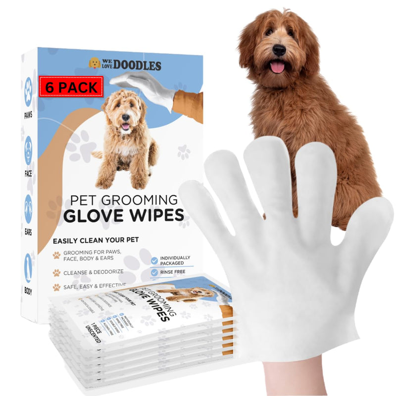 We Love Doodles Dog Cleaning Gloves Wipes - Pet Bathing Wipes for Dogs Paws Face Body Ears - Safe Easy & Effective - Individually Packaged Rinse-Free Double-Sided Alcohol-Free (6 Pieces)