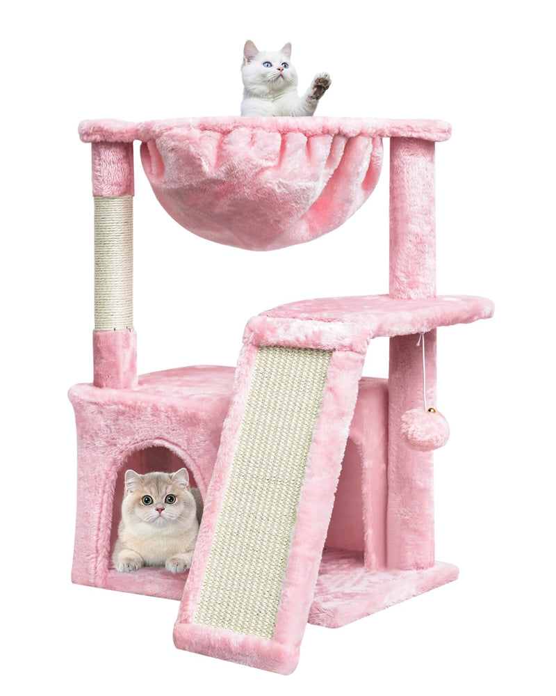 Modern Cat Tree with Cradle & Hanging Ball – Pink