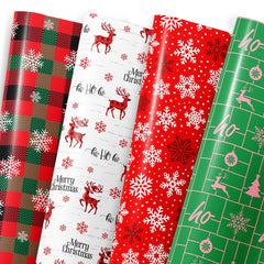 MotiGiftie Christmas Wrapping Paper for Kids Adults - Xmas Wrapping Paper with Red/Green Plaid Reindeer Snowflakes “Ho Ho” Xmas Trees - 20 x 28 Inches 12 Folded Sheets Easy to Store