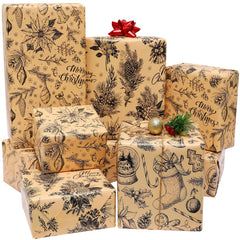 BOLIANNE Brown Christmas Wrapping Paper for Men Women Kids - Rustic Xmas Gift Wrap Paper for Holiday New Year Party - Vintage Design 6 Large Sheets 27 x 37 Inch High Gloss