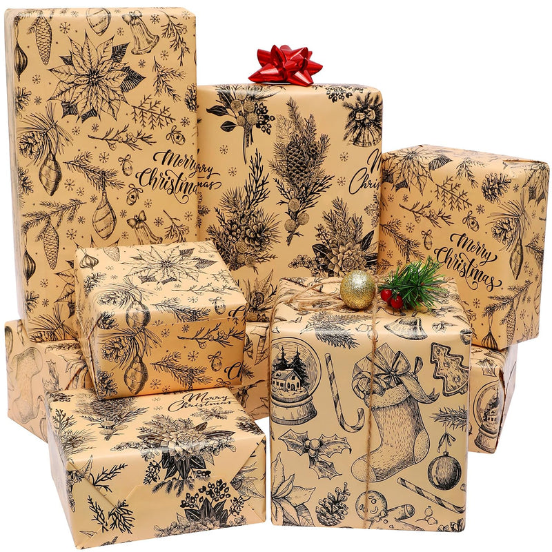 BOLIANNE Brown Christmas Wrapping Paper for Men Women Kids - Rustic Xmas Gift Wrap Paper for Holiday New Year Party - Vintage Design 6 Large Sheets 27 x 37 Inch High Gloss