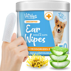 Dog Ear Cleaner Wipes - Finger Ear Wipes for Dogs & Cats with Otic Cleaning Solution Sooths and Deodorizes. Pet Ear Relief - 50 Count White