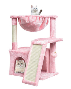 Modern Cat Tree with Cradle & Hanging Ball – Pink