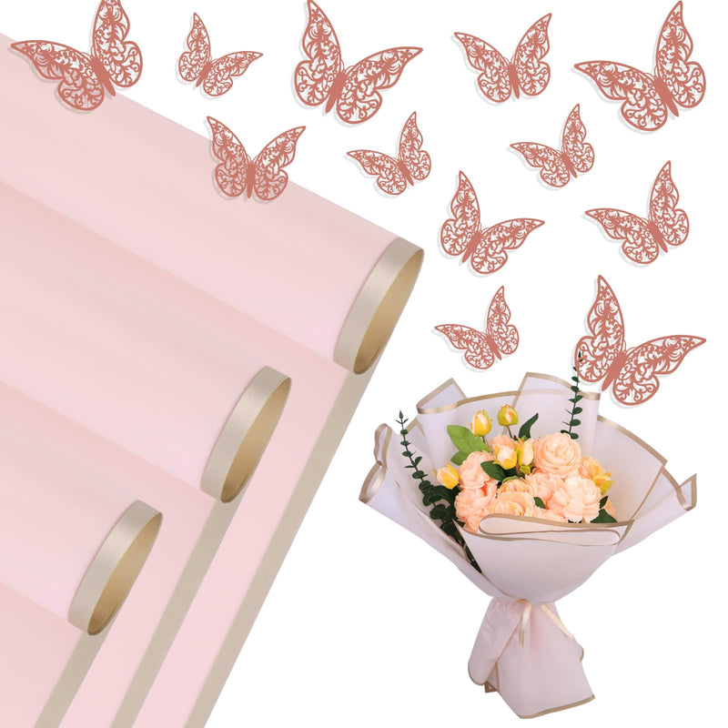 Hopule 20 Sheets Flower Wrapping Paper Waterproof Floral Bouquet Wrapping Paper with 3D Butterfly Decorations Florist Supplies Packaging Paper for Wedding Birthday Gift DIY Crafts Pink
