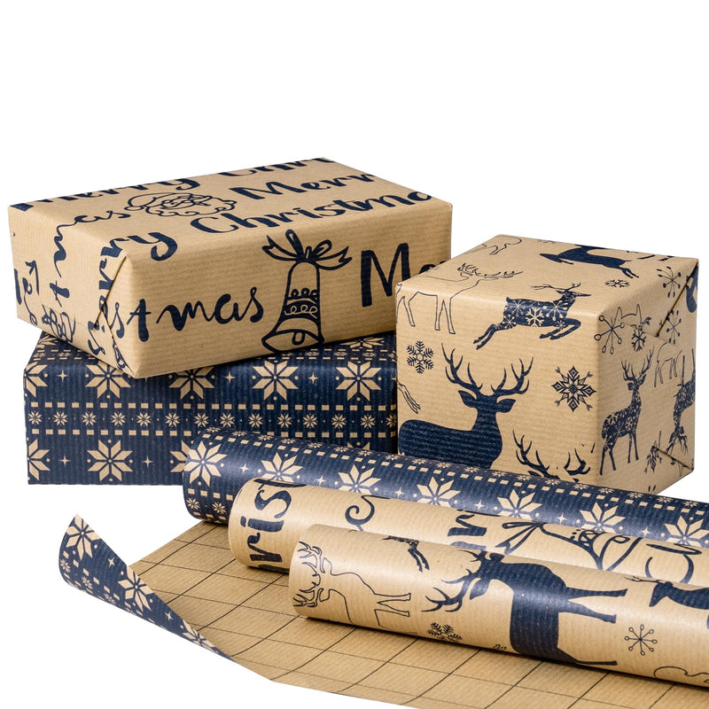 RUSPEPA Christmas Wrapping Paper Rolls - Mini Roll - 17 inches x 10 feet per Roll Total of 3 Rolls - Reindeer and Snowflake
