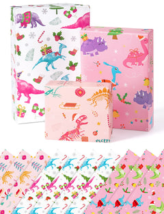 WERNNSAI Christmas Dinosaur Wrapping Paper Set- 10 Sheets 20" x 27" Kids Pink Christmas Wrapping Paper for Girls Dino Birthday Gift Wrap Child Holiday Flat Fold
