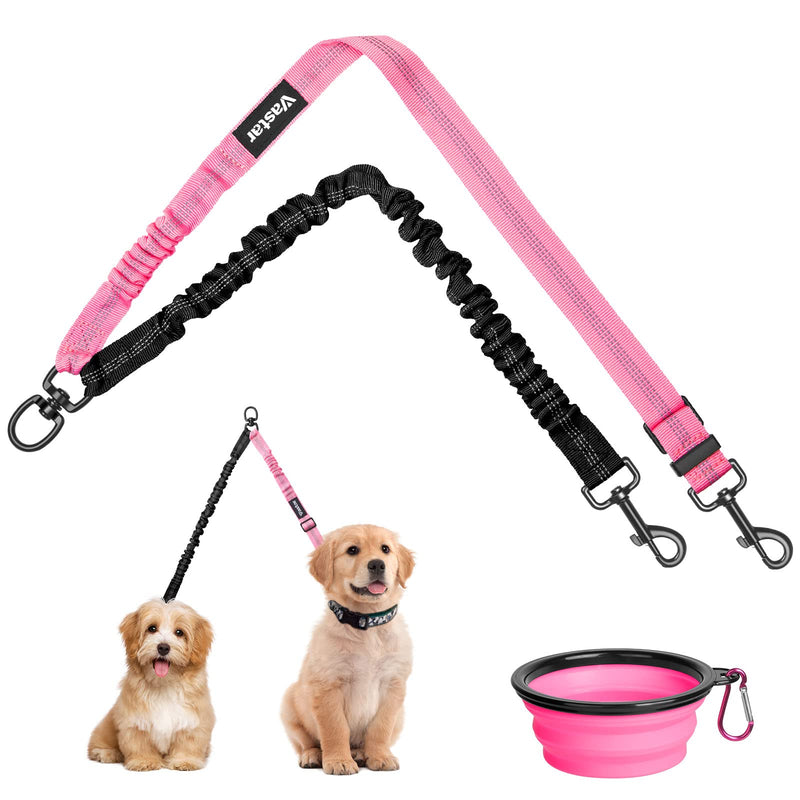 Vastar Double Dog Walker Adjustable Heavy Duty Double Dog Leash for Pets Premium Quality Dog Leash Coupler for 2 Dogs (Black+Pink)