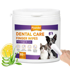 Pjordo Teeth Cleaning Wipes for Dogs & Cats Dental Care Finger Wipes Remove Plaque Tartar & Bad Breath Disposable Gentle Cleaning & Gum Care Pet Wipes No-Rinse Dog Finger Toothbrush 50 Counts