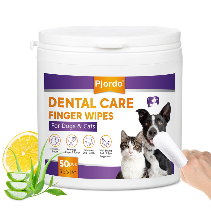 Pjordo Teeth Cleaning Wipes for Dogs & Cats Dental Care Finger Wipes Remove Plaque Tartar & Bad Breath Disposable Gentle Cleaning & Gum Care Pet Wipes No-Rinse Dog Finger Toothbrush 50 Counts
