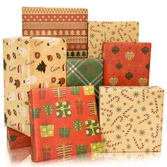 Layninder Christmas Wrapping Paper Kraft Gift Wrapping Paper w/Snowman Christmas Tree Cane Candy 6 Sheets Vintage Red Green Xmas Wrapping Paper Holiday Gift Wrap for New Year (27.6x19.7 In Folded)