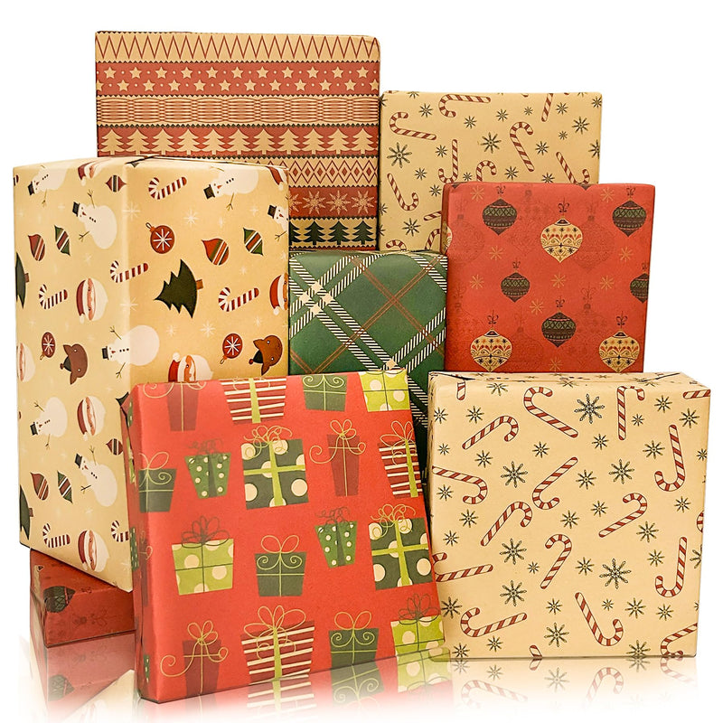 Layninder Christmas Wrapping Paper Kraft Gift Wrapping Paper w/Snowman Christmas Tree Cane Candy 6 Sheets Vintage Red Green Xmas Wrapping Paper Holiday Gift Wrap for New Year (27.6x19.7 In Folded)