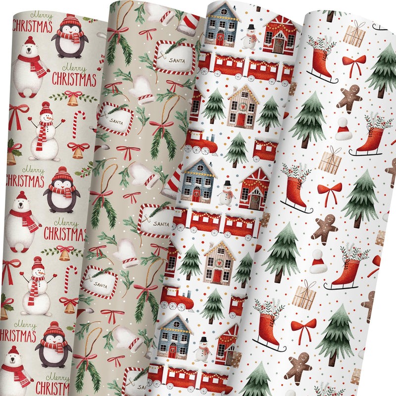 WAPLIGHAL Christmas Wrapping Paper for Kids - Xmas Wrapping Paper Set with Watercolor Santa Polar Bears Trains Gingerbread Holiday Designs - 6 Jumbo Sheets Each 28 x 40 Inches Easy Storage