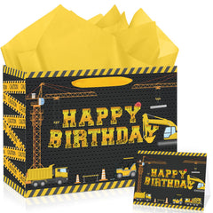 Construction Birthday Gift Bag for Boys Vehicle Truck Gift Bag for Kids with Card Tissue Paper Christmas Gifts Wrapping Paper Bag for 1st Birthday Baby Boy Baby Shower One Year Old Party Favors