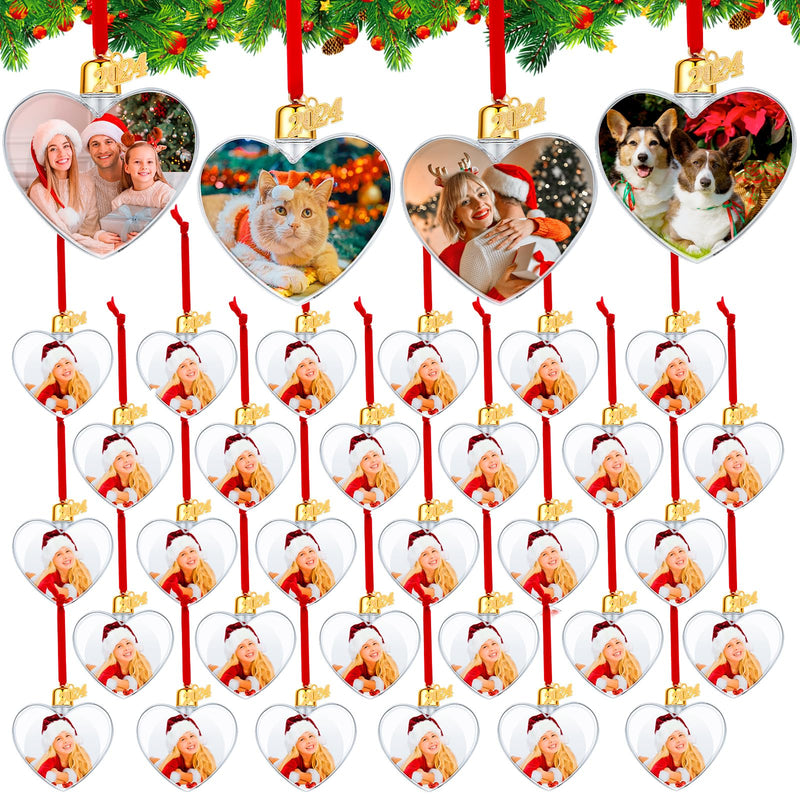Gushu 48 Pcs Photo Ornament Ball Christmas Picture Frame Ornament Plastic Hanging Christmas DIY Personalized Photo Ornaments and Baubles for Holiday Decor Xmas Tree Ornaments (Heart)