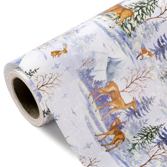 WRAPAHOLIC Kraft Christmas Wrapping Paper - Mini Roll - 17 Inch x 33 Feet - Watercolor Animal and Winter Forest Landscape Design for Christmas Holiday Party Celebration