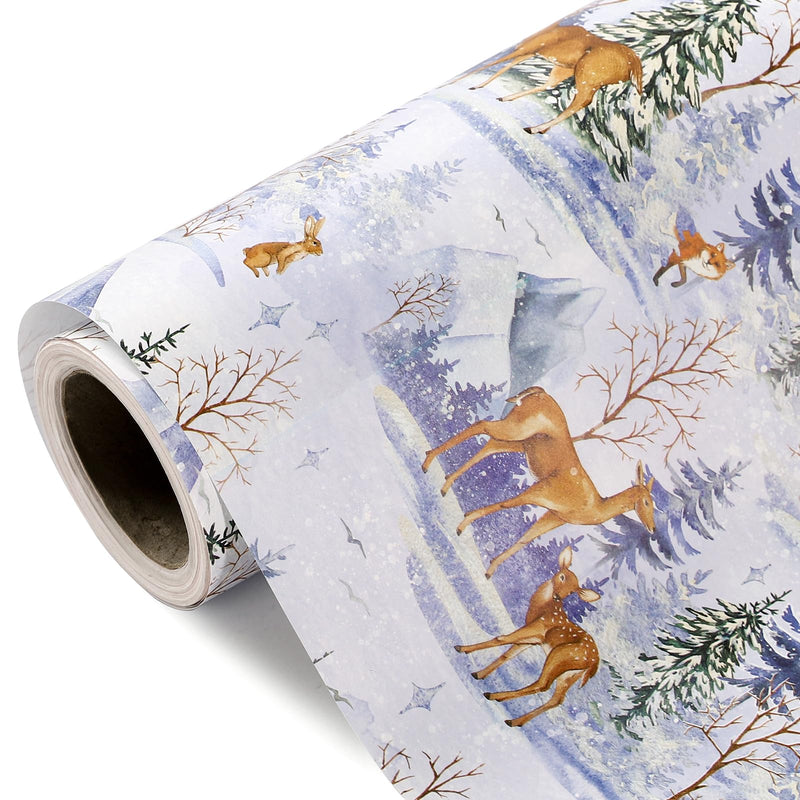 WRAPAHOLIC Kraft Christmas Wrapping Paper - Mini Roll - 17 Inch x 33 Feet - Watercolor Animal and Winter Forest Landscape Design for Christmas Holiday Party Celebration
