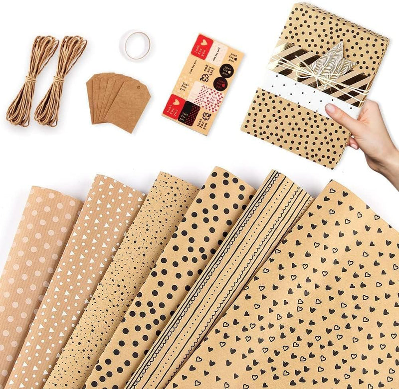 Gadom Gift Wrapping Paper Set 6 Sheets Birthday Wrapping Paper Recyclable Gift Wrap Brown Wrapping Paper for Wedding Birthday Christmas Baby Shower - 19.7 Inch X 27.5 Inch Per Sheet