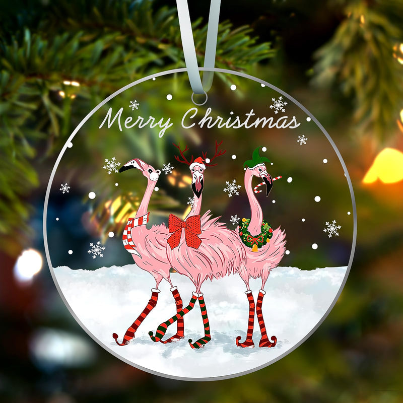 Christmas Tree Decorations Ornaments Acrylic Pink Christmas Ornaments Pendant Pink Christmas Decorations Indoor Outdoor Hanging Ornaments Holiday Wedding Party Decor Xmas Gift for Kids (Flamingo)