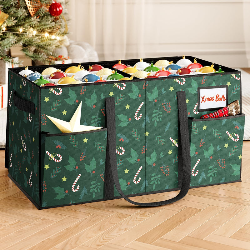 SOLEDI Large Christmas Ornament Storage Box with 8 Trays Dual Zippers Christmas Storage Containers Fits 128 Holiday Ornament Decorations Ornament Organizer with Pockets for Xmas Decorations (Green)